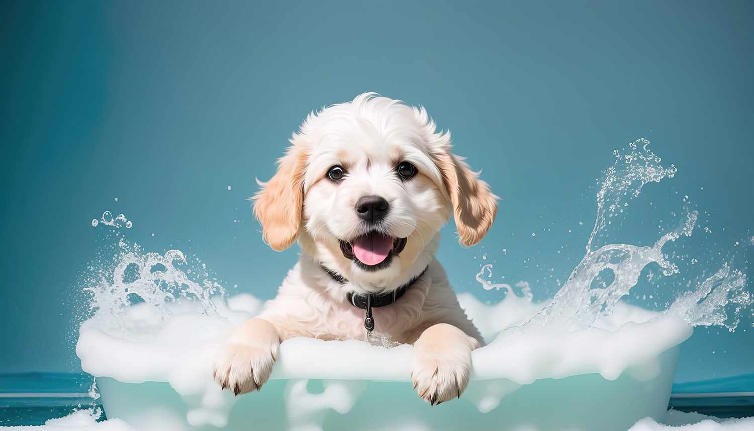 Cute puppy in foam bath, banner Generative AI