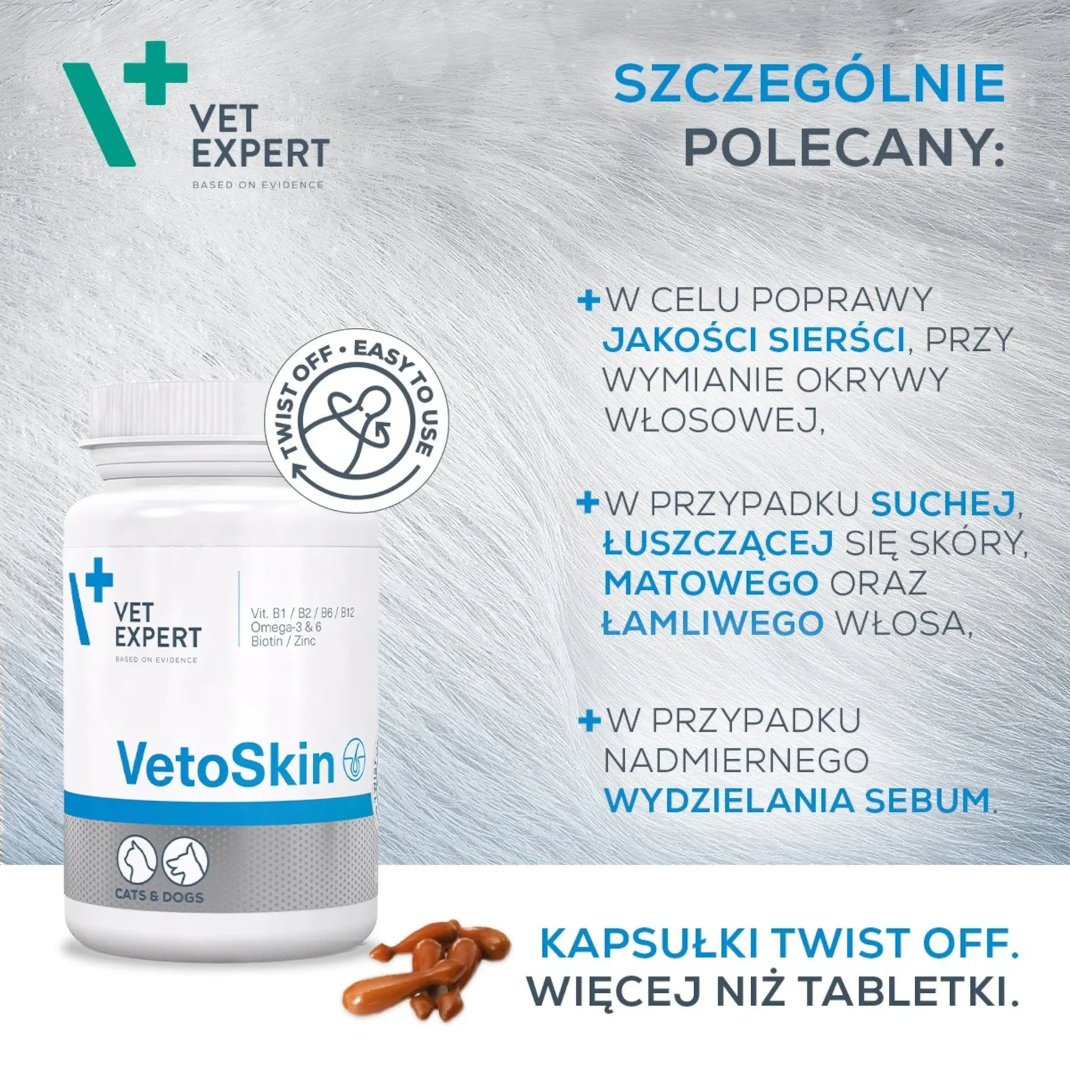 VET EXPERT Vetoskin 60 kapsułek - Preparat na skórę i sierść dla psów i kotów - obrazek 2